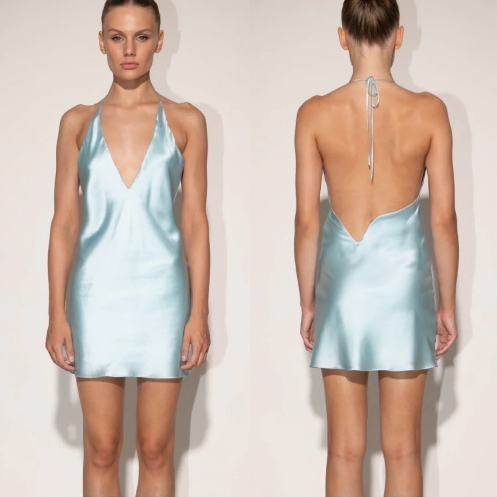 Mother of All Roxy halter mini drape silk light blue Dress medium